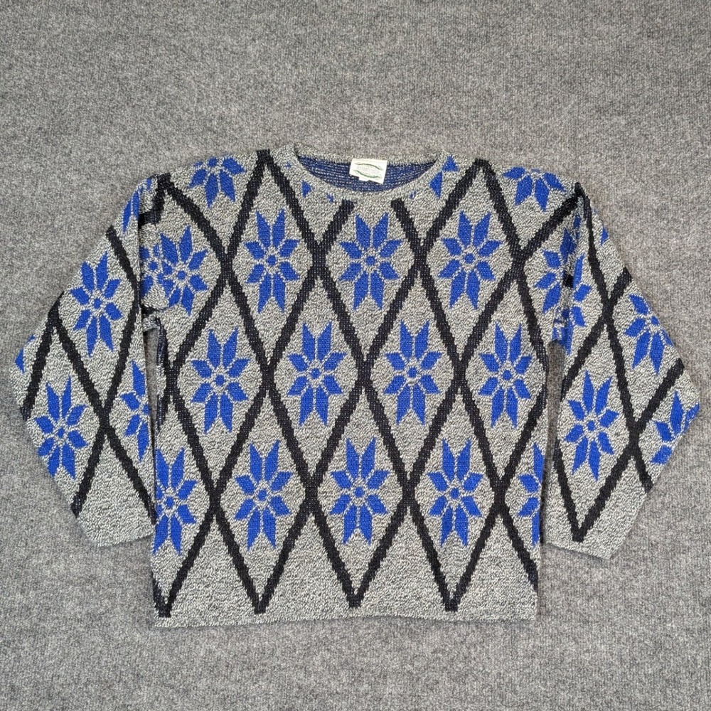 Vintage Separate Issue Sweater Mens Medium Grey Blue Snowflake Argyle USA Made